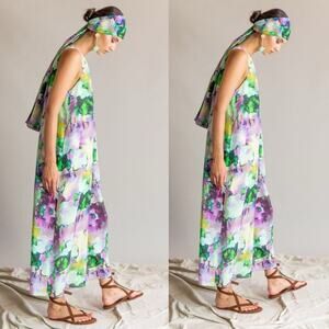 Psophia Watercolor Flowy Midi Dress with Belt